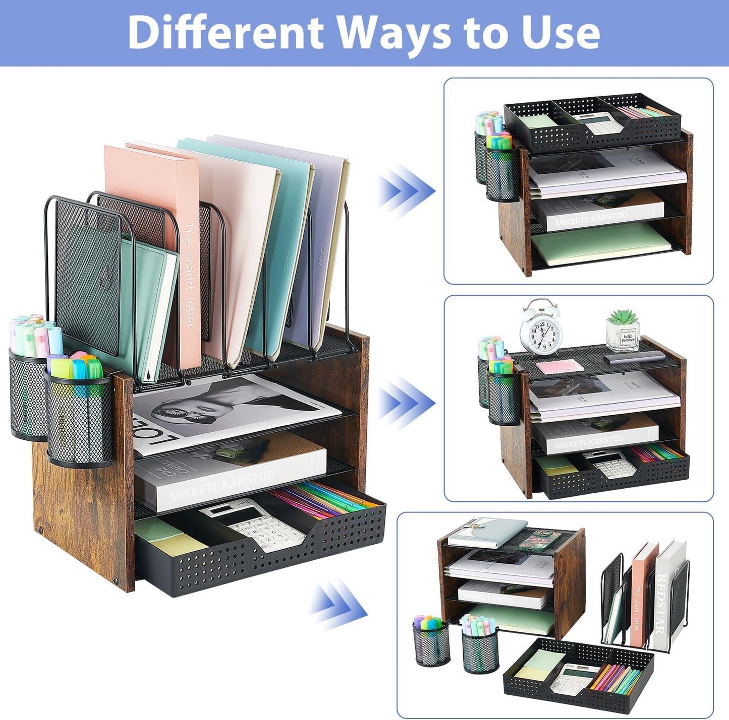 AUPSEN Desk Organizer with 5 Vertical File Holders, Storage Drawer & 2 Pen Holders, 5 Trays Paper Letter Tray
