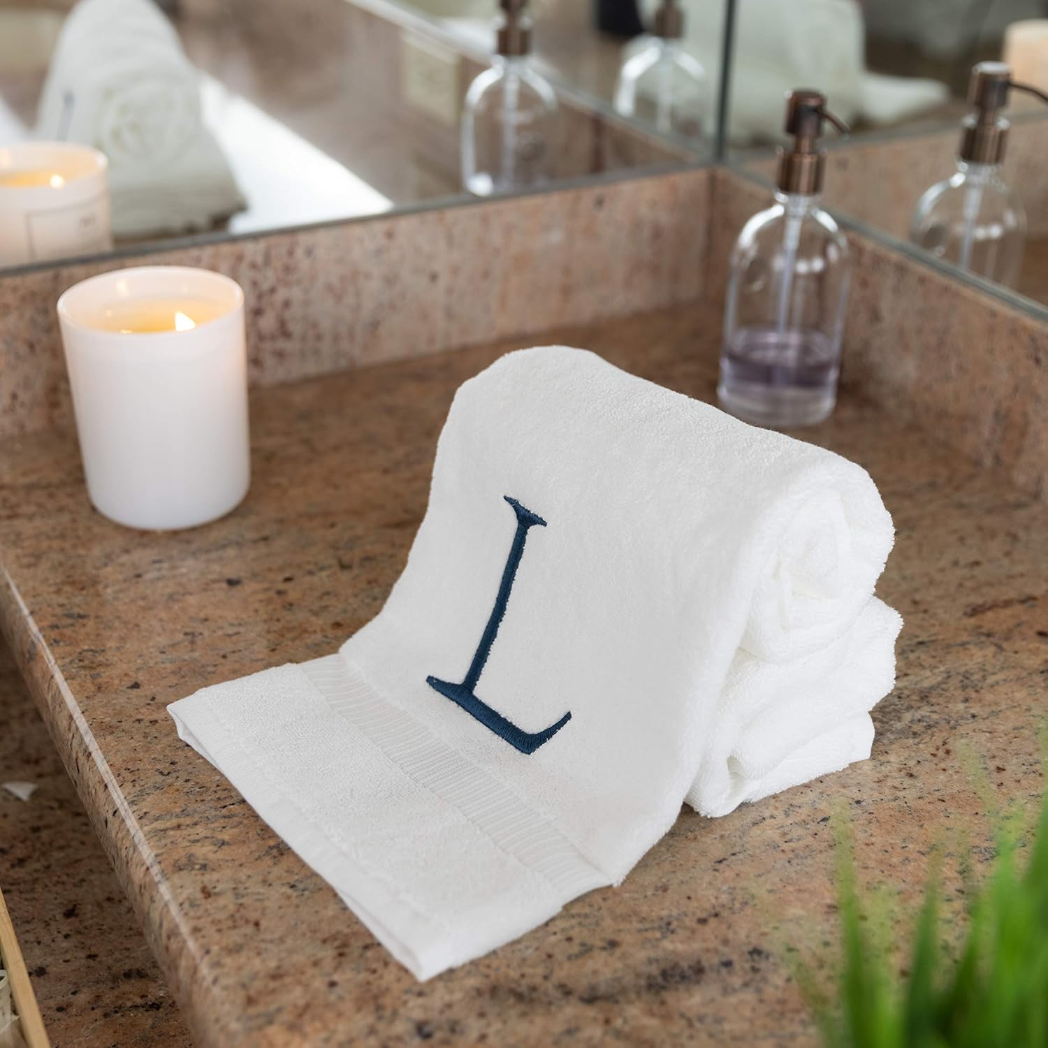 White with Navy Monogrammed Hand Towels for Bathroom - Set of 2 Letter L | Luxury Hotel Quality Initial Towels For