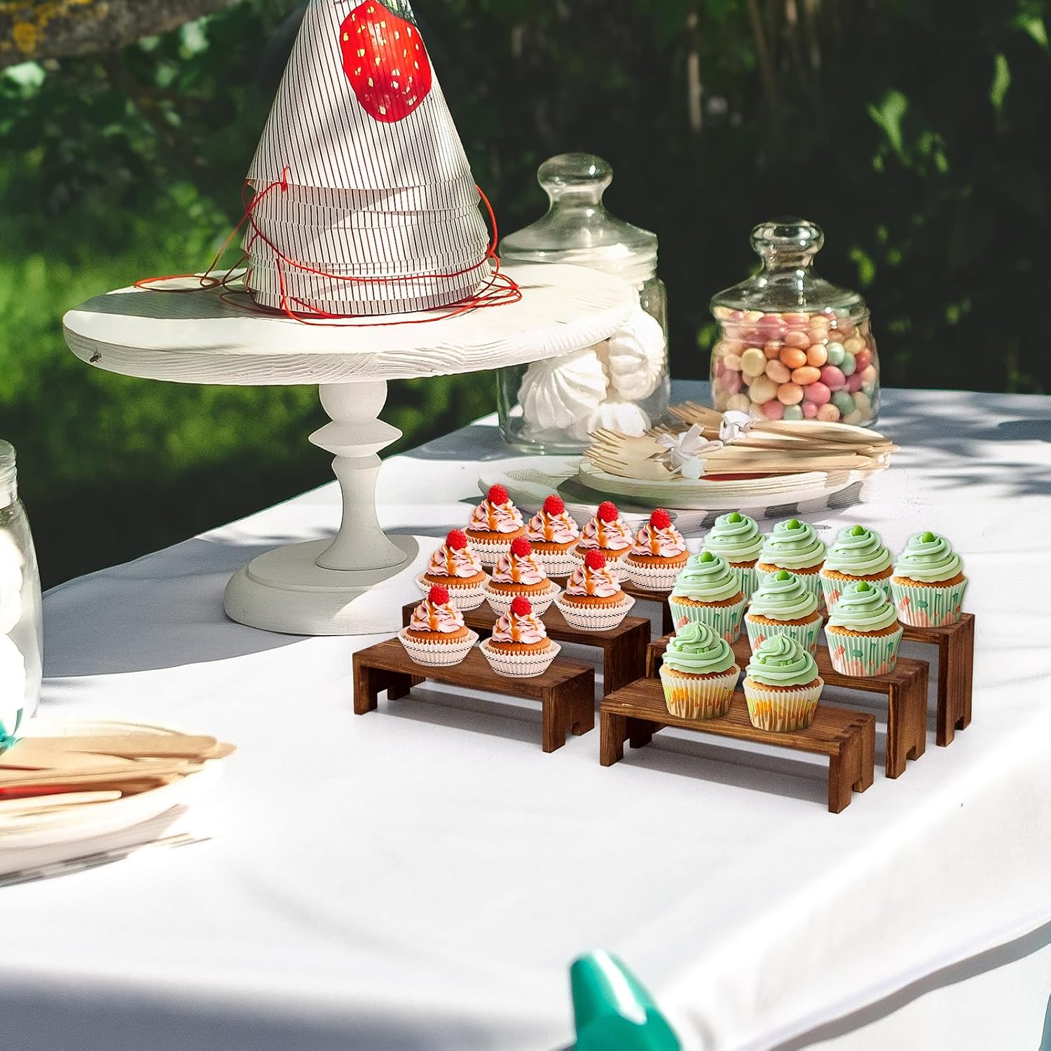 Yikaroeli 4 Set Wood Display Risers Wooden Cupcake Stand 3 Tier 12 Pcs Tiered Desert Food Display Stands for Party