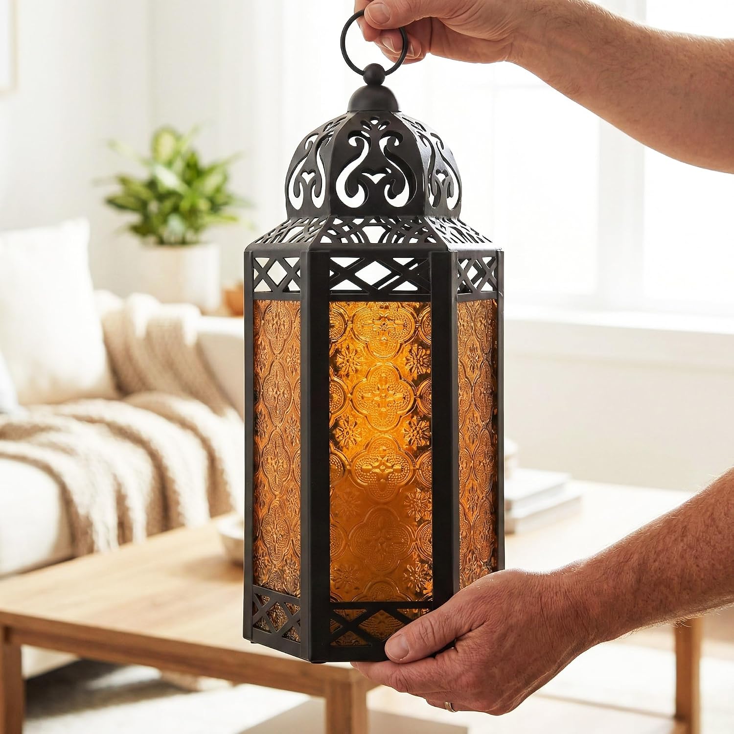 Vela Lanterns Decorative Indoor LED Light Halloween Holder, Amber, L, 2-PK | Orange Fall Decorations, Fantasy Moroccan