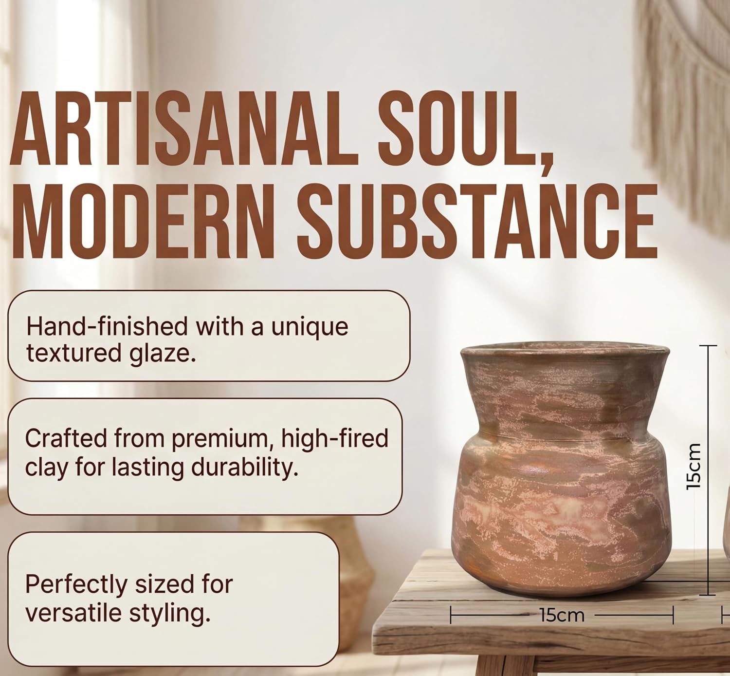 Rustic Ceramic Vase Home Decor / Brown Gray / 6 Inch