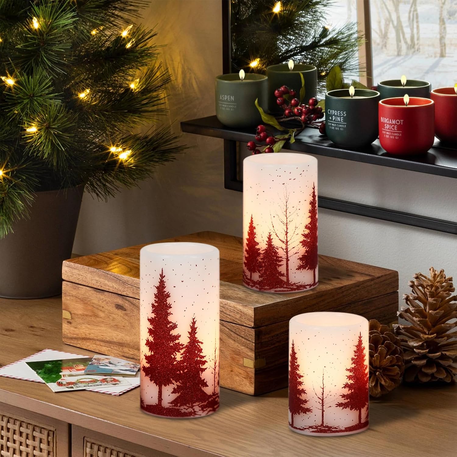 Christmas Tree Flameless Candles Battery Operated with 6H Timer | LED Pillar Candles Flickering, Real Wax Warm Light