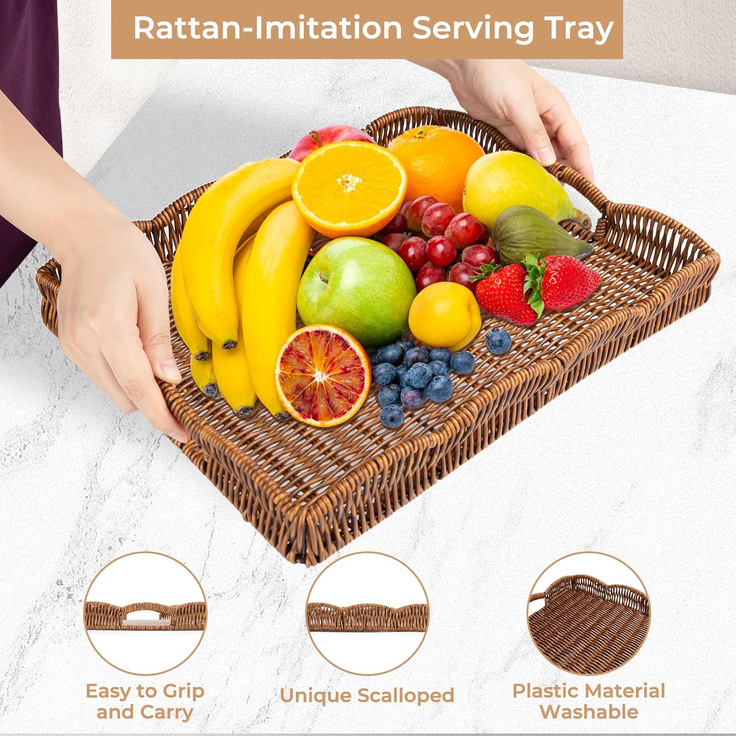 Rectangle Wicker Scalloped Tray / Brown