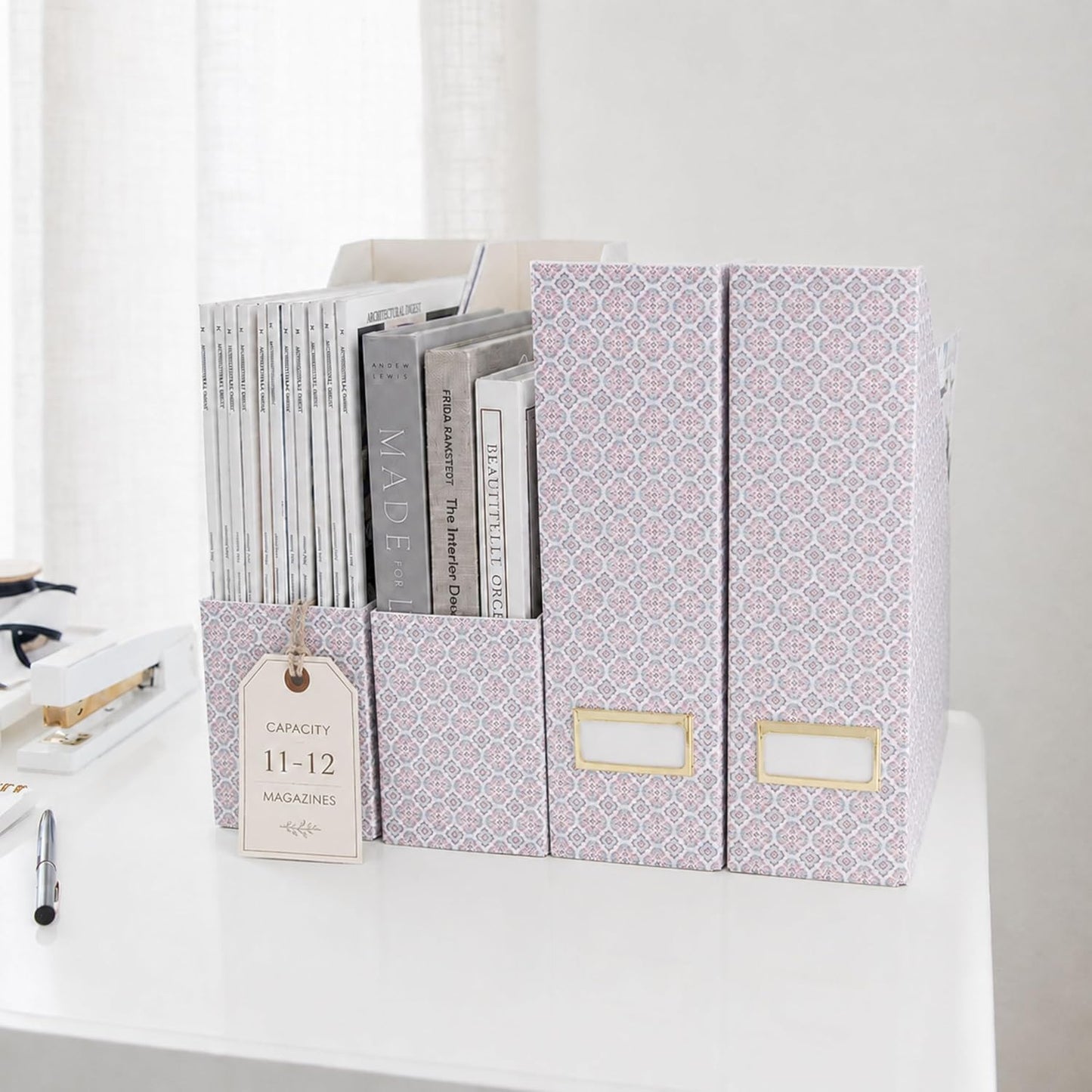 BLU MONACO | Foldable Magazine File Holder Set of 4 | Moroccan Tile Cardboard Organizers | Vertical Desk and Shelf