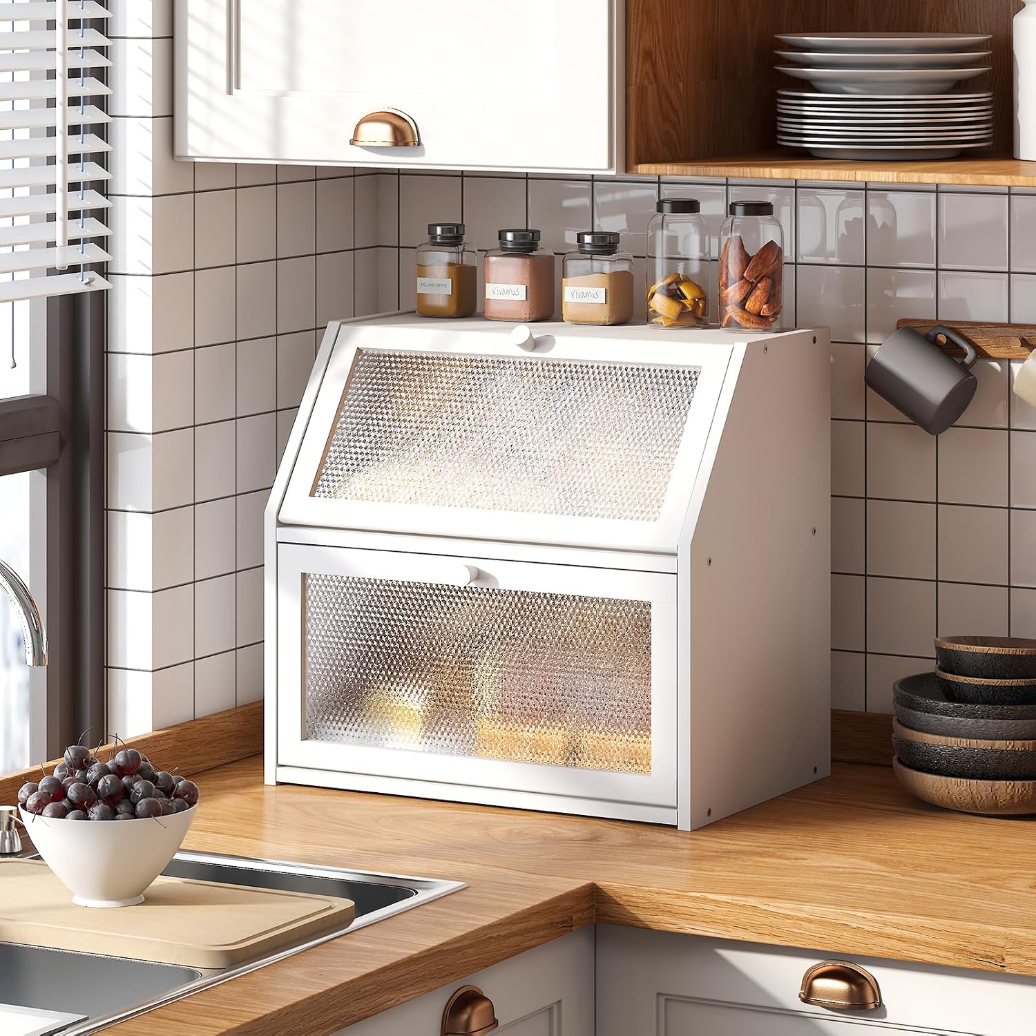 STDDRE Bread Box for Kitchen Countertop Bin Double Layer Bread Box Storage Container Extra Large Capacity with Diamond