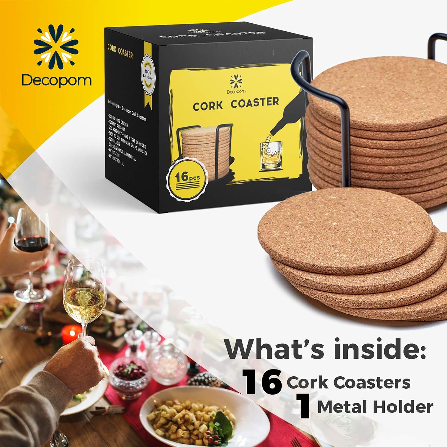 Metal Holder / Cork Coasters for Drinks / 4 Inch / Set of 16