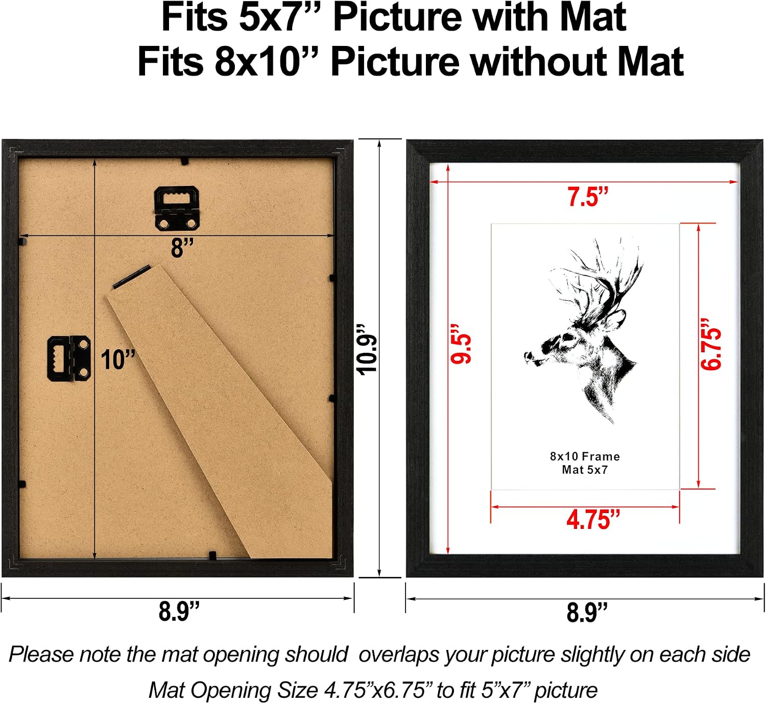 Yaetm 8x10 Picture Frame Set of 4, Solid Black Wood 8x10 Photo Frames with Tempered Glass, Display 5x7 with Mat or 8 x
