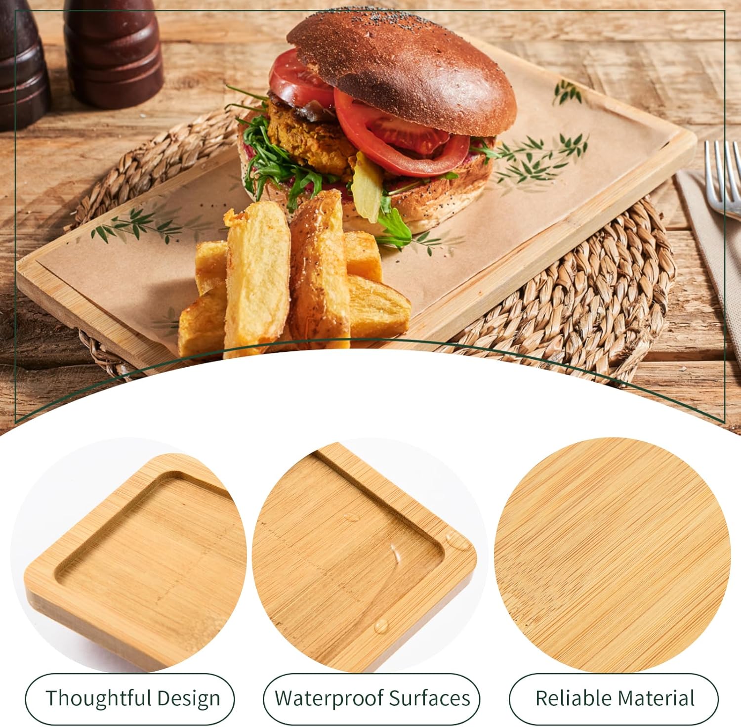 Bamboo Serving Tray Rectangle Bamboo Wood Tea Serving Tray Rounded Edges Wooden Bathroom / Set of 4