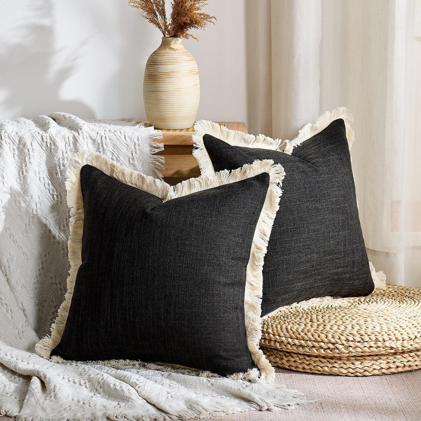 Fringe Farmhouse Rustic Decorative Pillows Case / Black / 18 x 18 / Set of 2