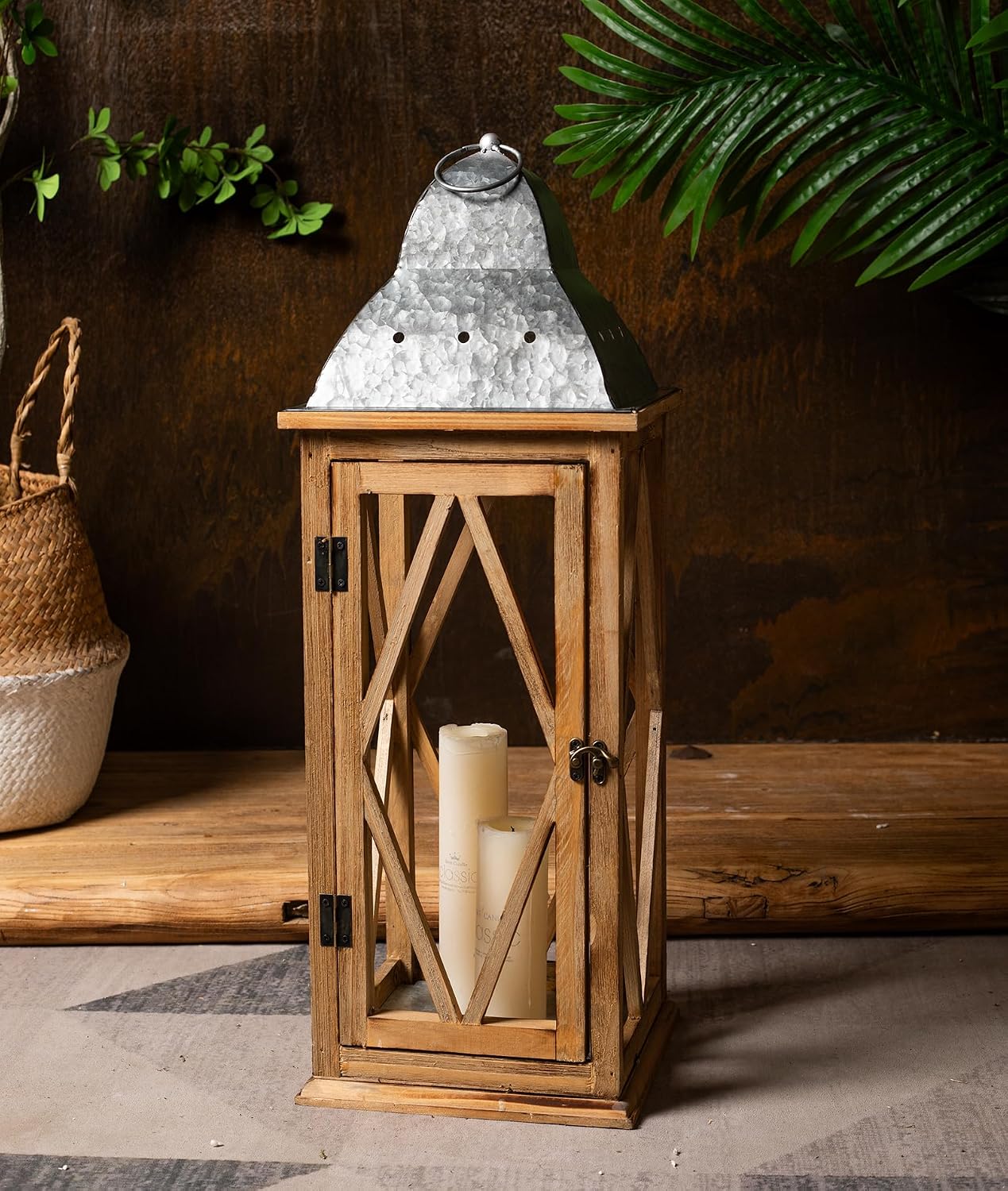Large Farmhouse Wooden Metal Lantern Set of 2, Rustic Decorative Floor Candle Lanterns, Indoor/Outdoor Hanging Lanterns