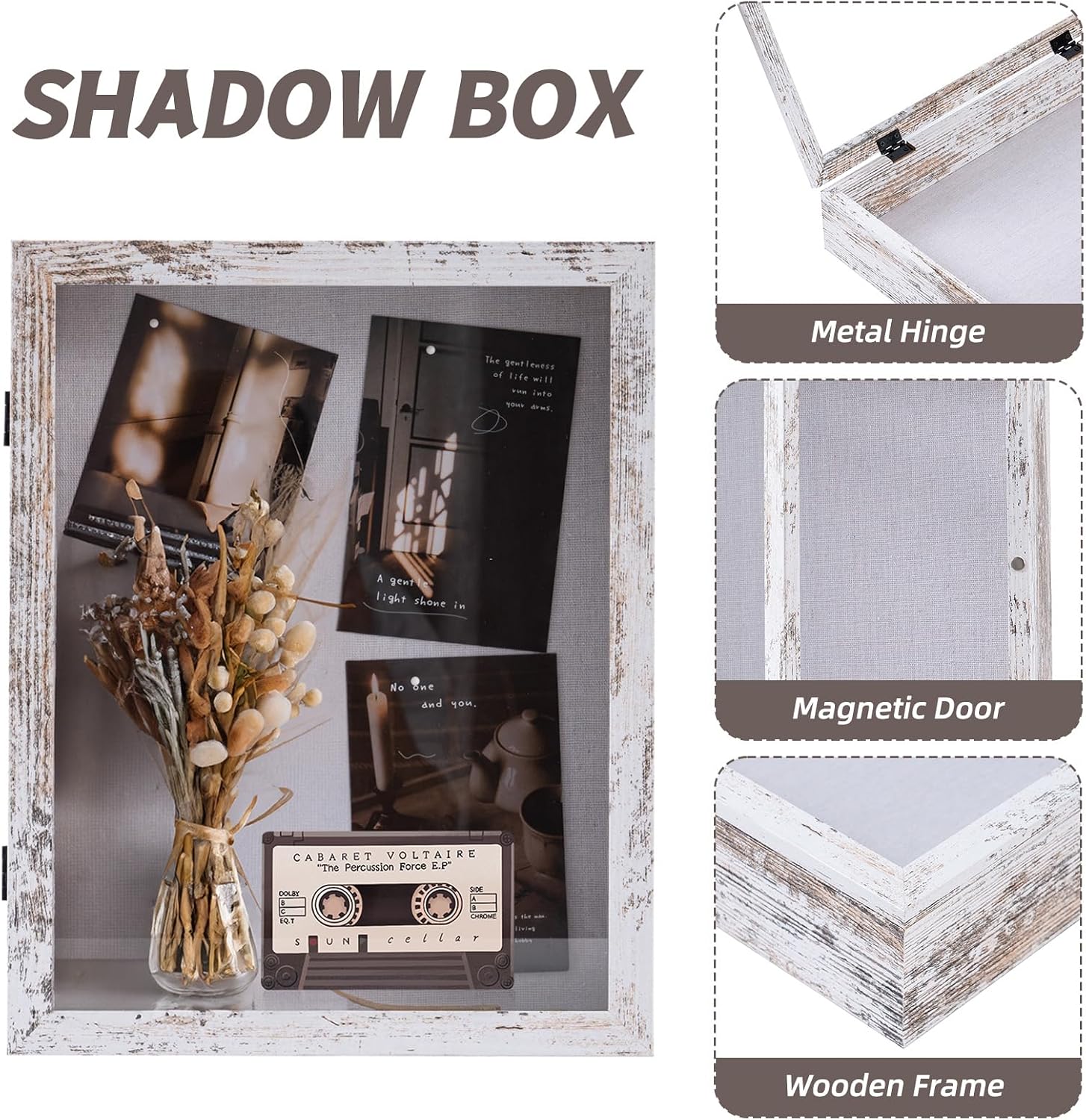 Muzilife 11x14 Shadow Box Picture Frame, 2.16 Deep, HD Glass, Rustic White | FSC-Wood, Magnetic Door, Linen Interior &