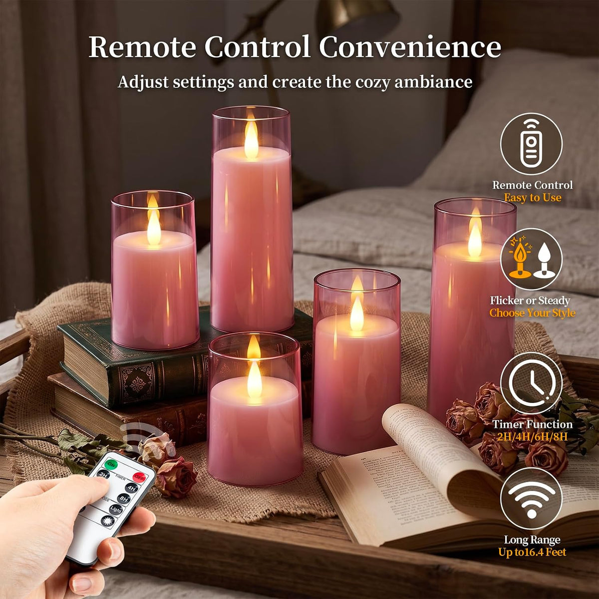 Homemory Realistic Flickering Flameless Pink Candles with Remote & Timer | LED Fake Electric Pillar Candles Battery