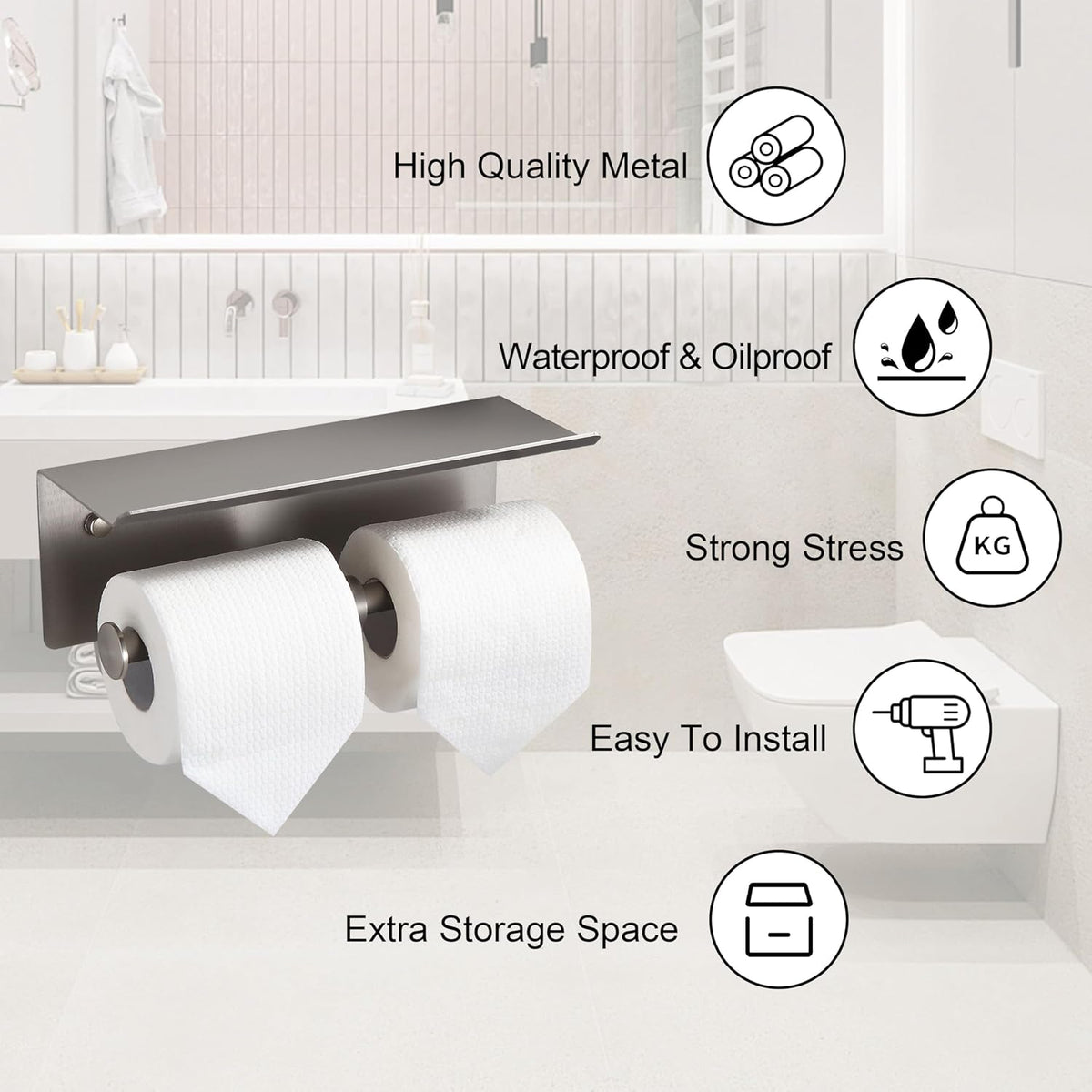 Brushed Nickel Toilet Paper Roll Holder with Shelf Wall Mounted for Bathroom (Brushed Nickel, Double Head)