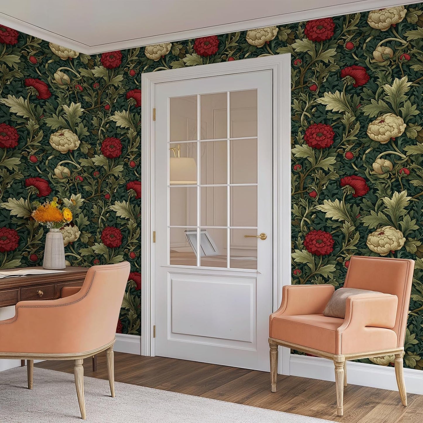 Peel and Stick Boho Art Woody Wallpaper Botanical Leaf Removable / 17.7 x 118.1 / Green/beige/red