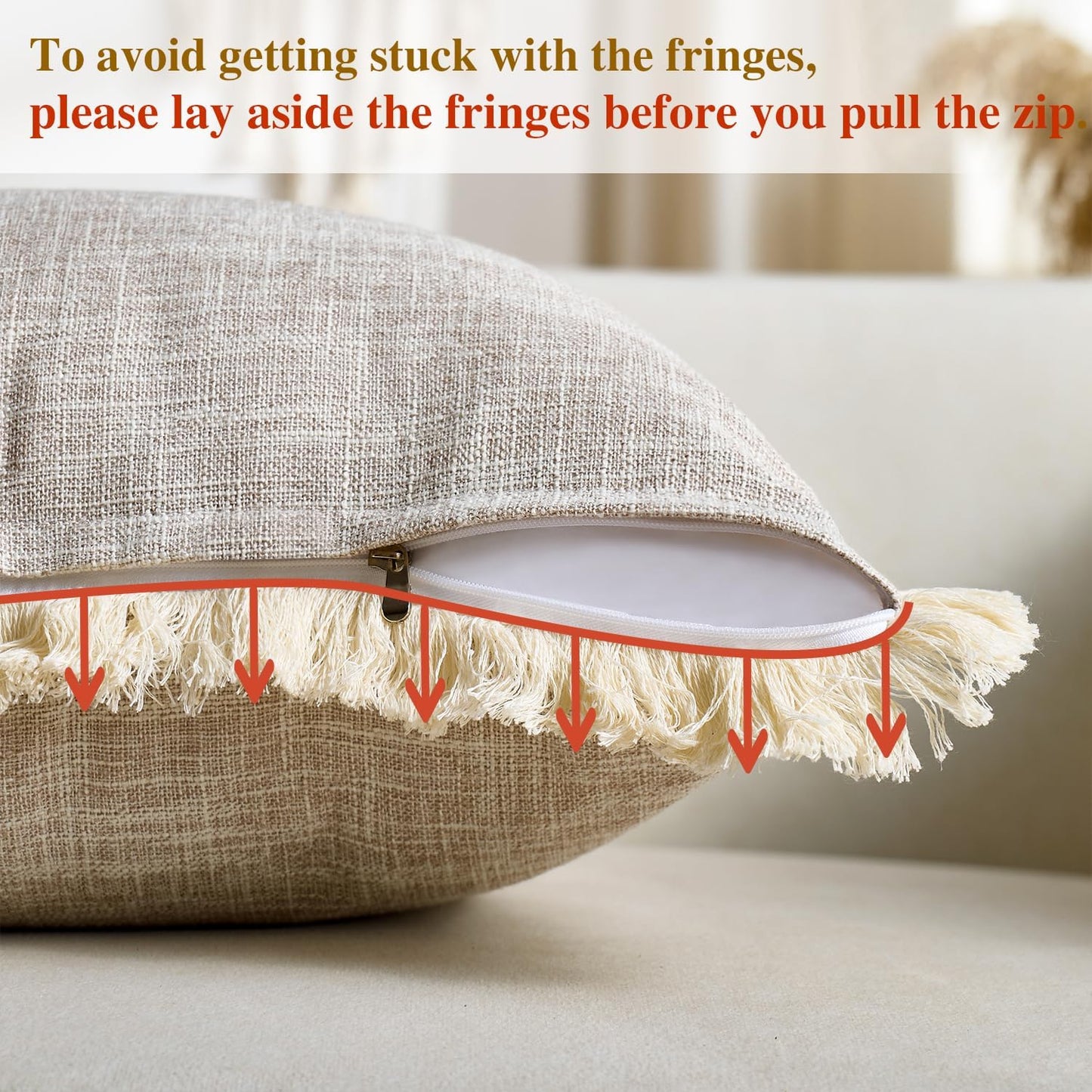 Faux Linen Fringe Decorative Throw Pillow Covers Burlap Boho Farmhouse / Beige / 18 x 18 / Set of 2