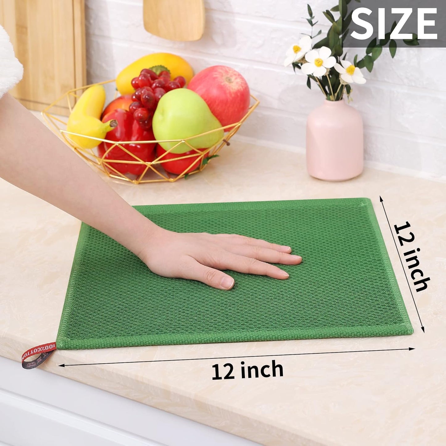 Homaxy 100% Cotton Waffle Weave Kitchen Dish Cloths 12-Pack, Grass Green | 12 x 12 Inches, Ultra Soft Absorbent Dish