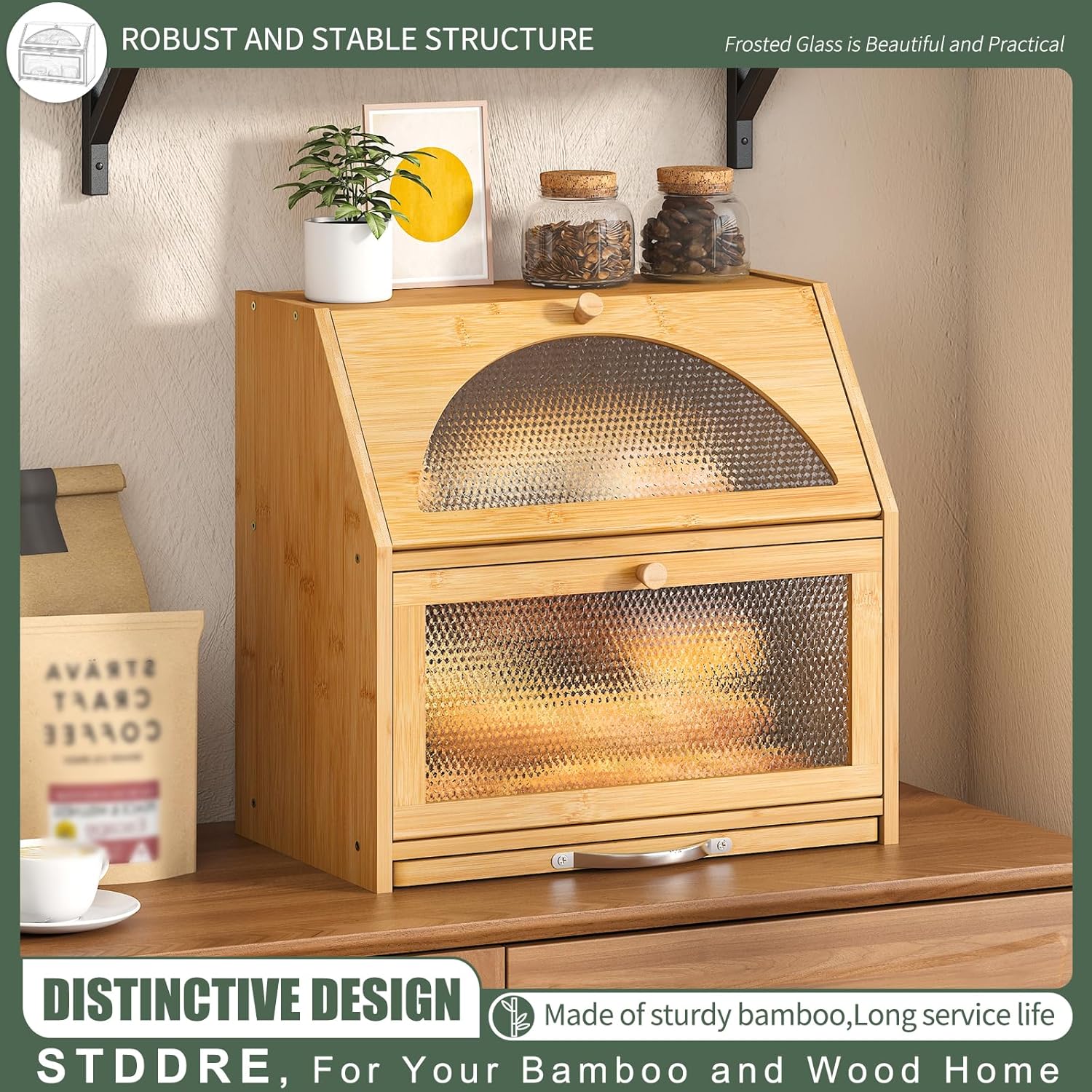STDDRE Double Layer Bamboo Corner Bread Box with Cutting Board(Natural) | Extra-large capacity. Double Layer Bread