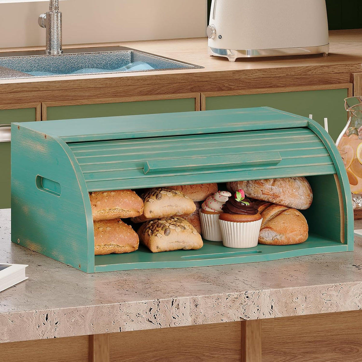 Trironsun Bamboo Roll Top Bread Box for Kitchen Countertop Large Capacity Bread Storage Bin Wooden Bread Storage