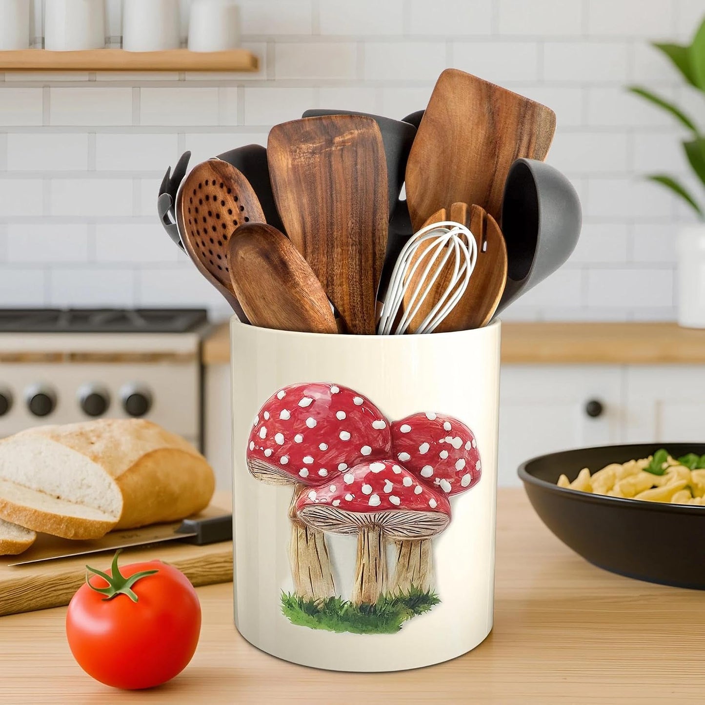 Mushroom Kitchen Decor Embossed Ceramic Utensil Holder for Farmhouse Indoor