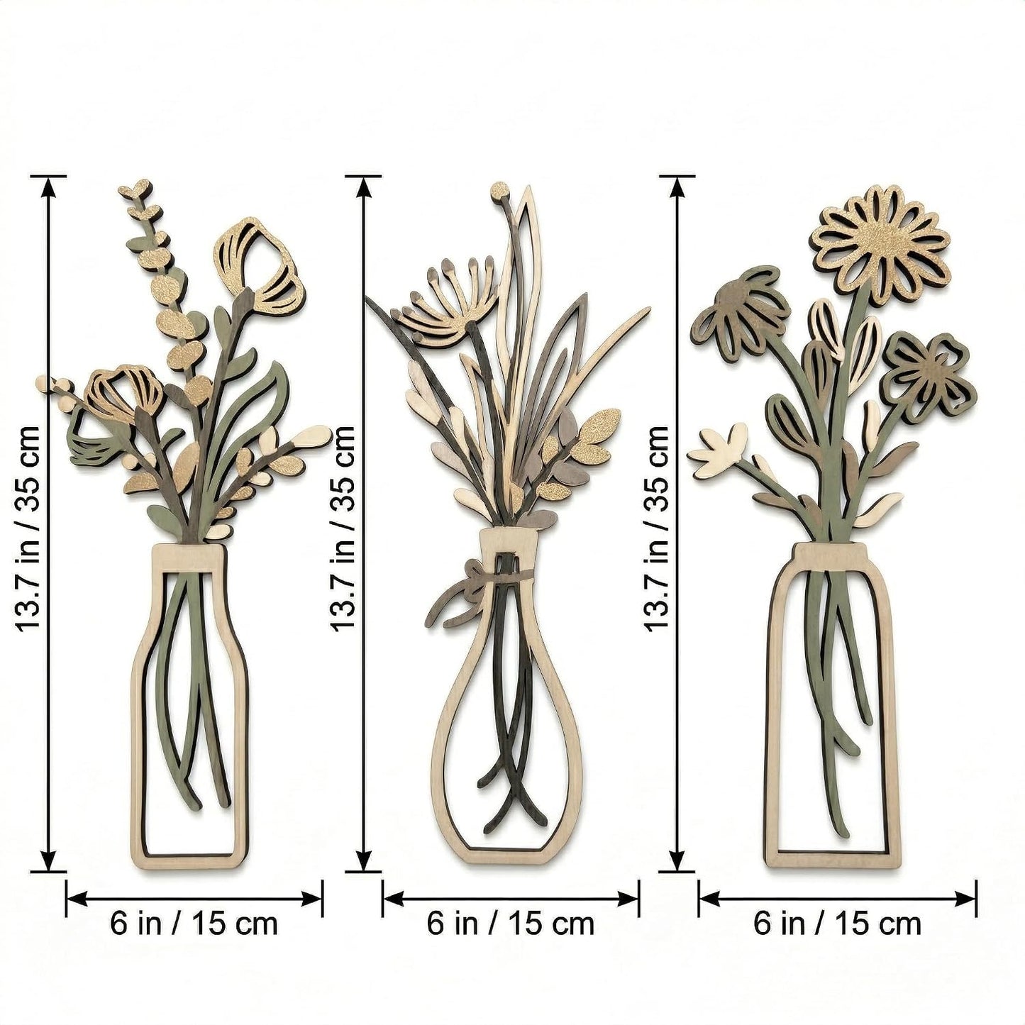 Wooden Flower Wall Art / Gold / Set of 3