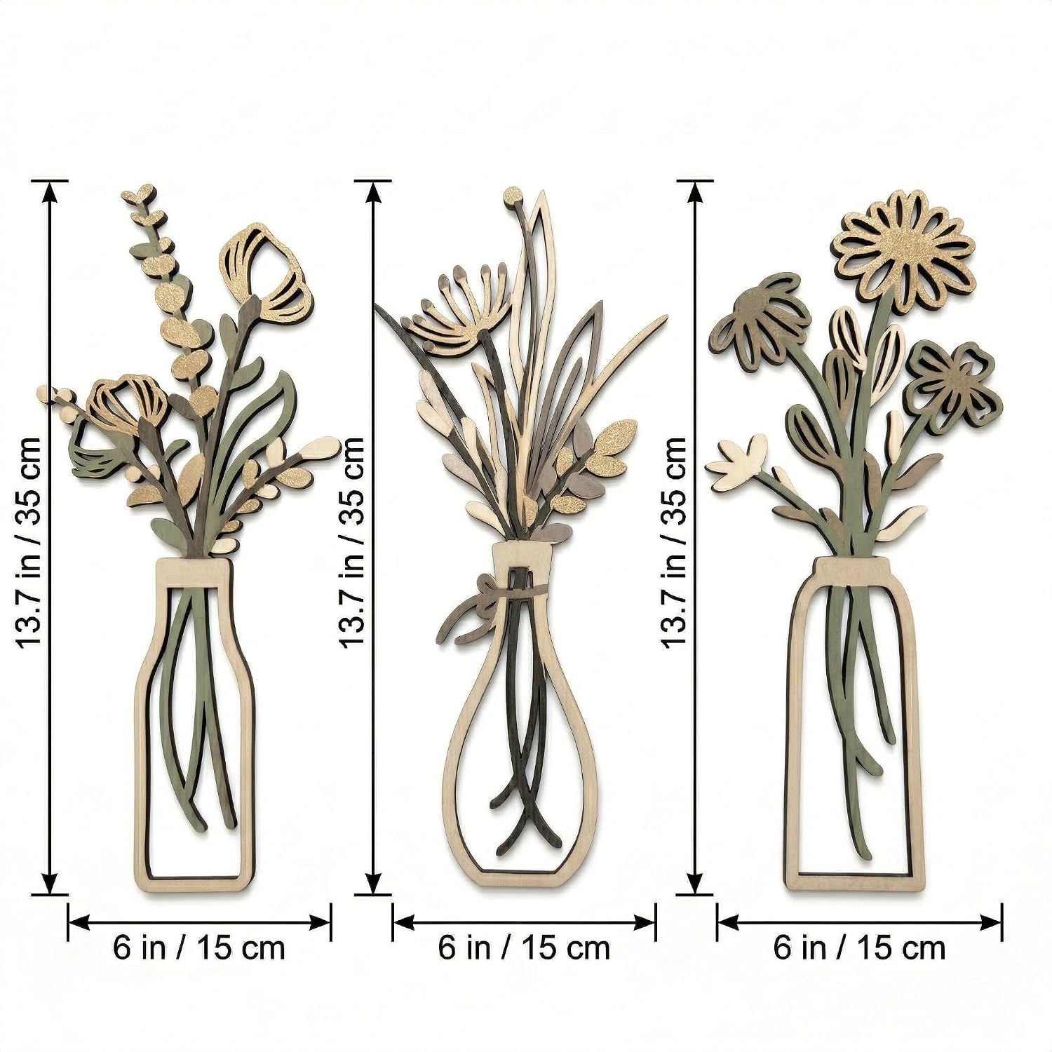 Wooden Flower Wall Art / Gold / Set of 3