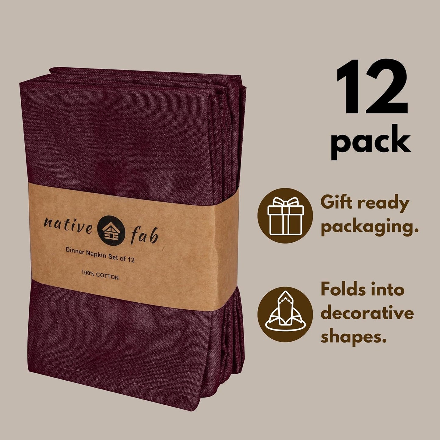 Native Fab Cloth Napkins, Set of 12, 17" x 17", 100% Cotton, Washable & Reusable Fabric Linen, Table Decor for Dinner