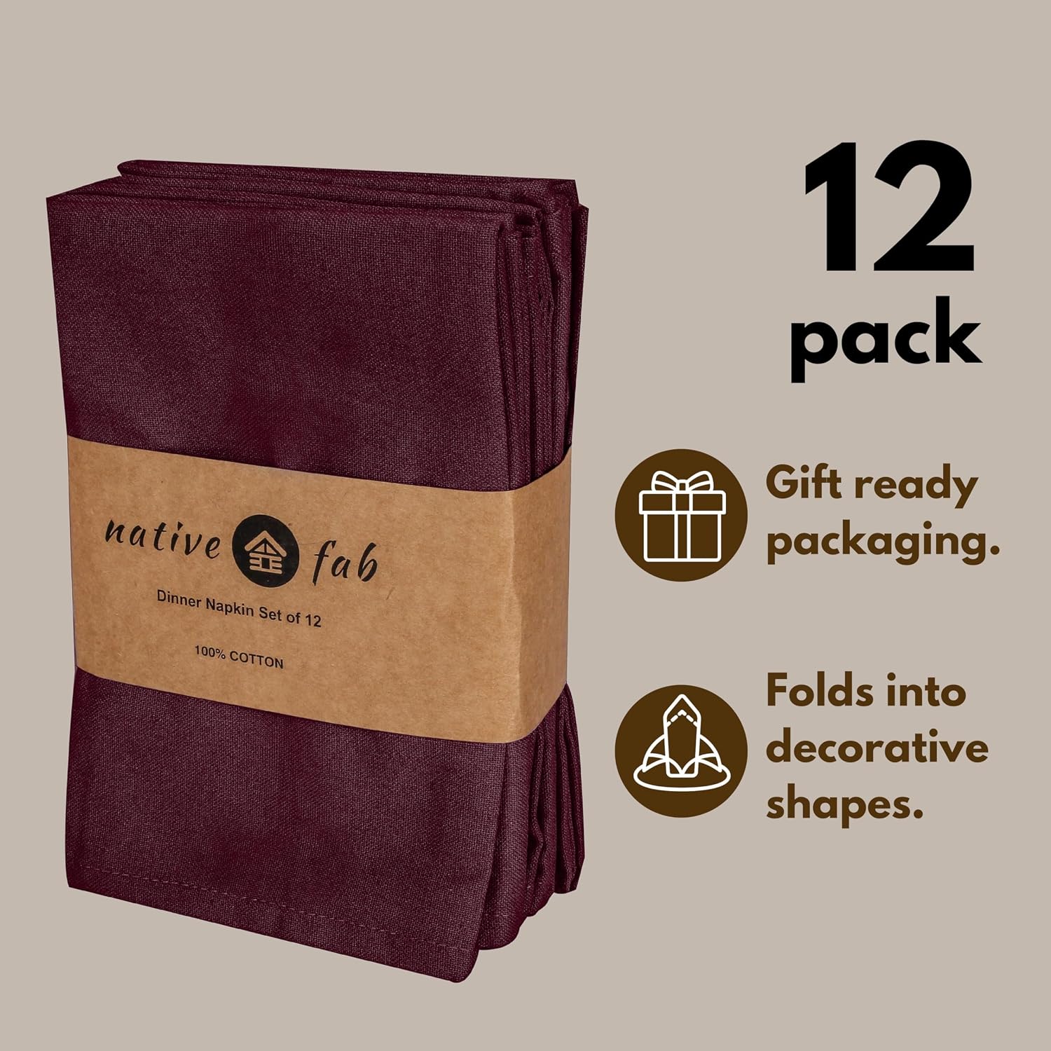 Native Fab Cloth Napkins, Set of 12, 17" x 17", 100% Cotton, Washable & Reusable Fabric Linen, Table Decor for Dinner