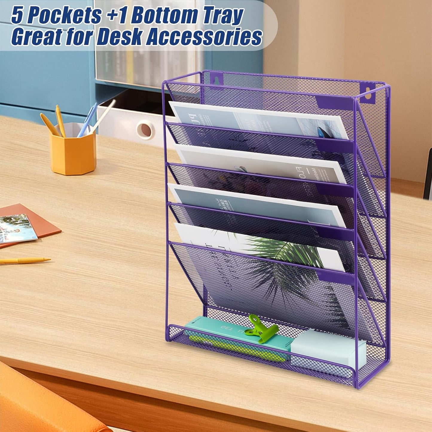 Desk File Organizer Mesh 6-Tier, Hanging Wall Mount Document Organization Stand, Desktop Vertical Mail Paper Folder