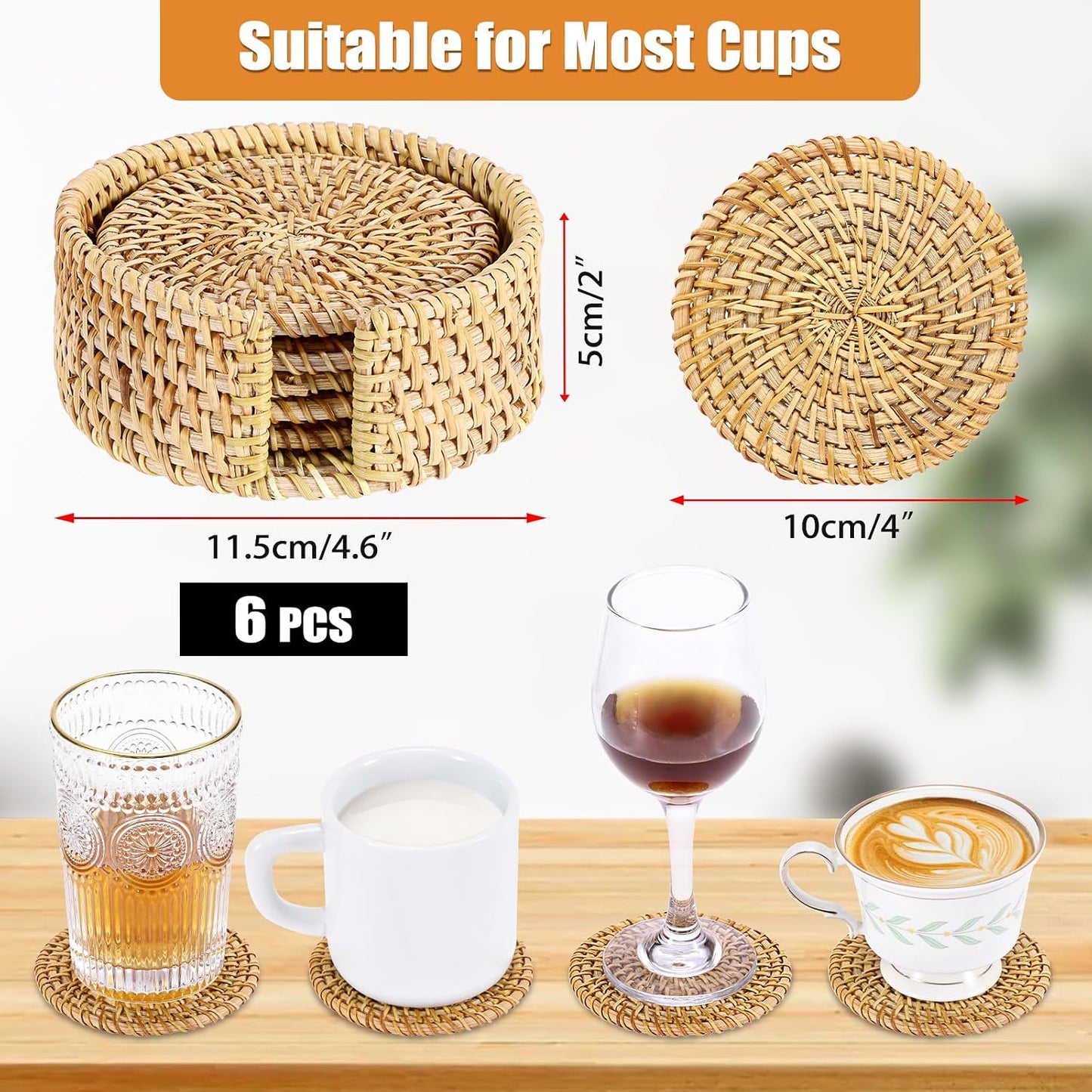 Holder / Boho Cup Coaster / Natural Rattan / Set of 6