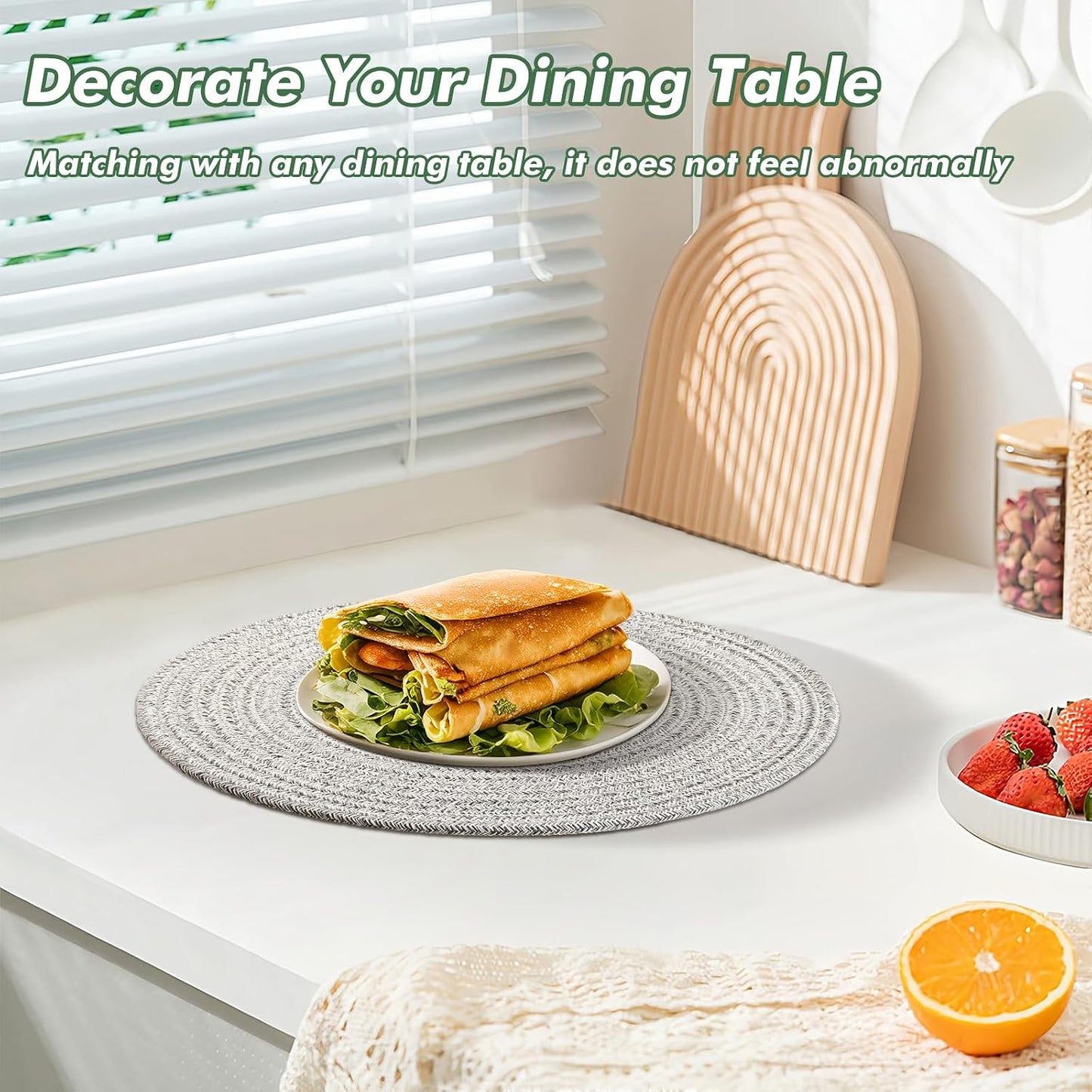 8 Pack Round Woven Placemats 13.5 Inches Heat Resistant Placemats Farmhouse Cotton Rope Braided Place Mats for Dining