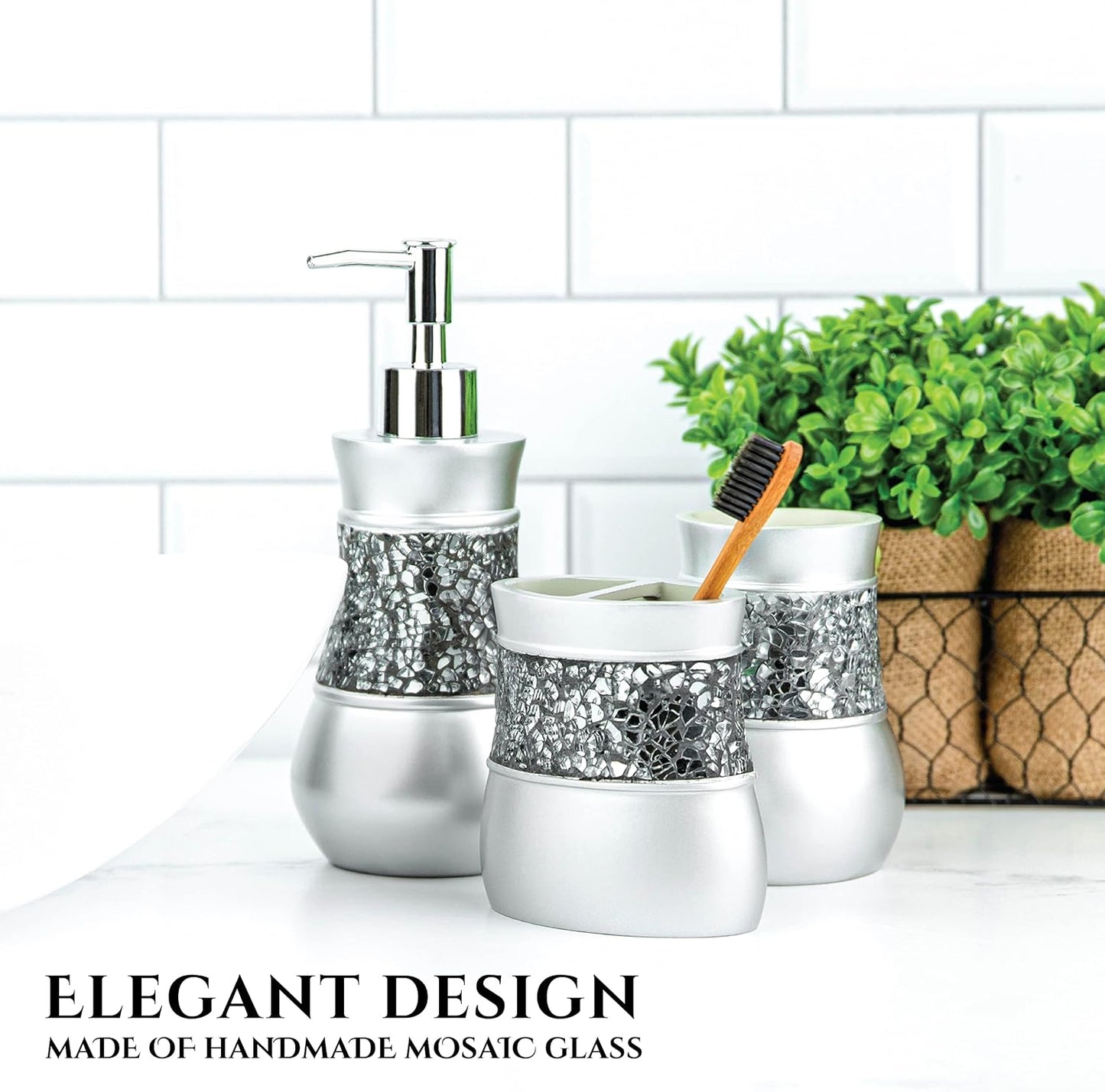 Creative Scents Crackled Glass 6 Pc. Silver Resin Bathroom Accessories Set | Includes Trash can, Tissue Box Cover, Soap