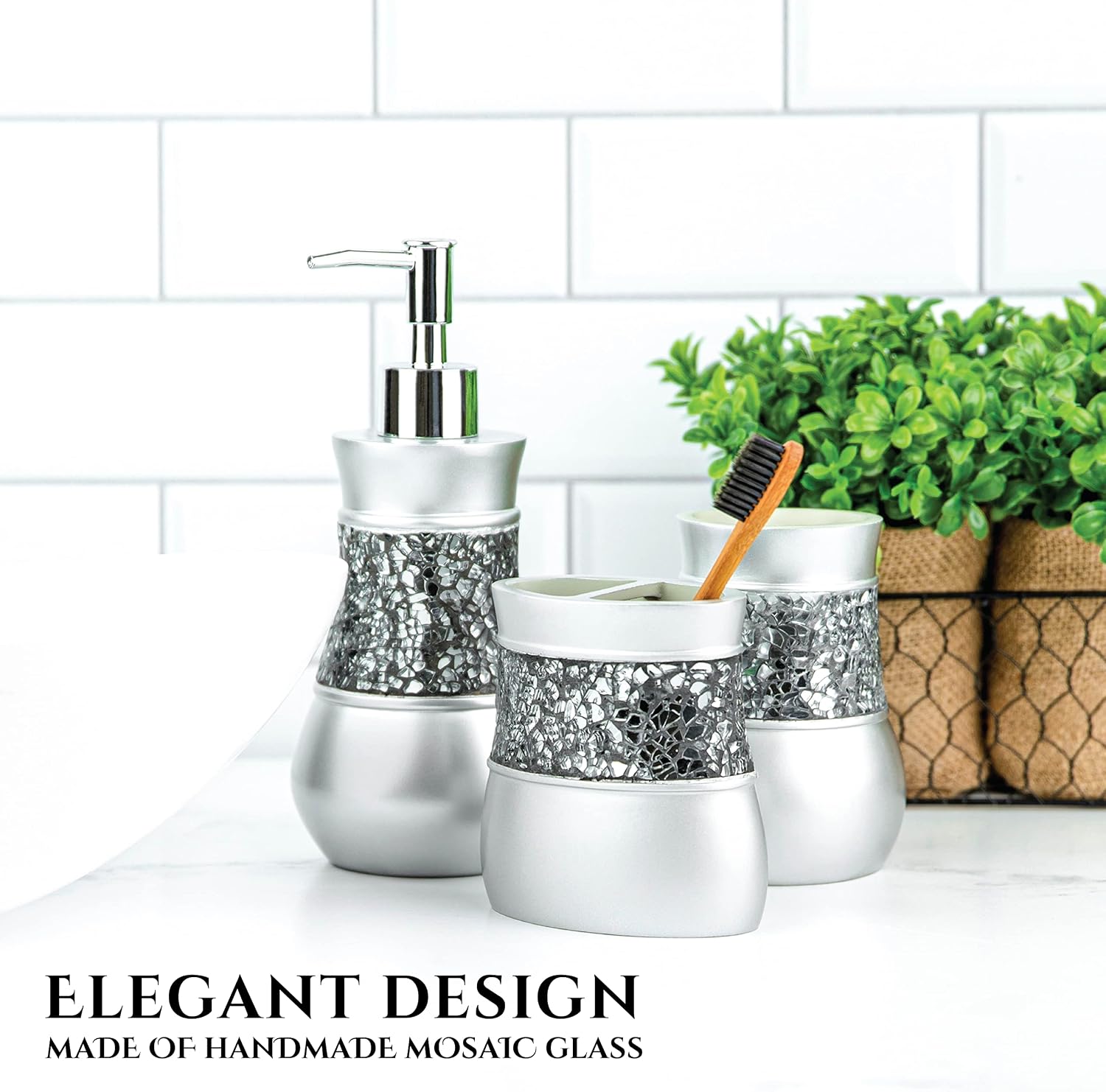 Creative Scents Crackled Glass 6 Pc. Silver Resin Bathroom Accessories Set | Includes Trash can, Tissue Box Cover, Soap