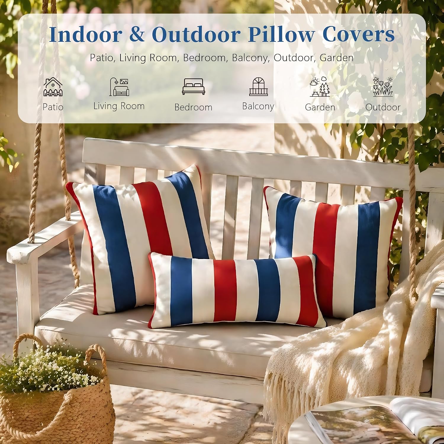 Western Home Outdoor Waterproof Striped Throw Pillow Covers / Red White Blue / 18 x 18 / Set of 2