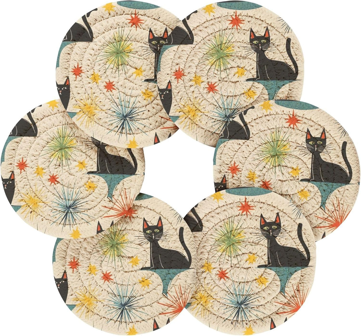 Holder / 1950s Mid Century Modern Atomic Cats Pattern Round Cup Mat / Multi 3 / Black / Set of 6
