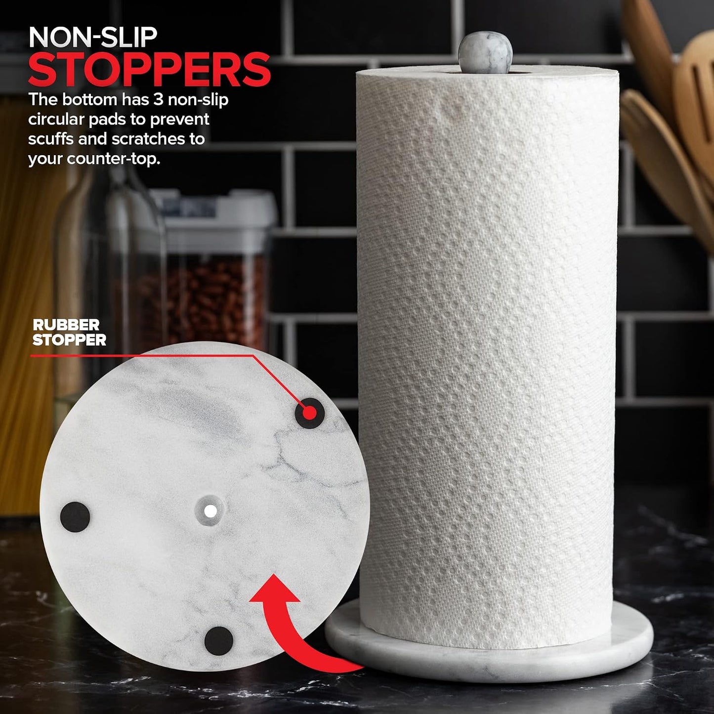 Modern Innovations Marble Paper Towel Holder Countertop Stand in White, for Kitchen and Bathroom, Heavy-Weight