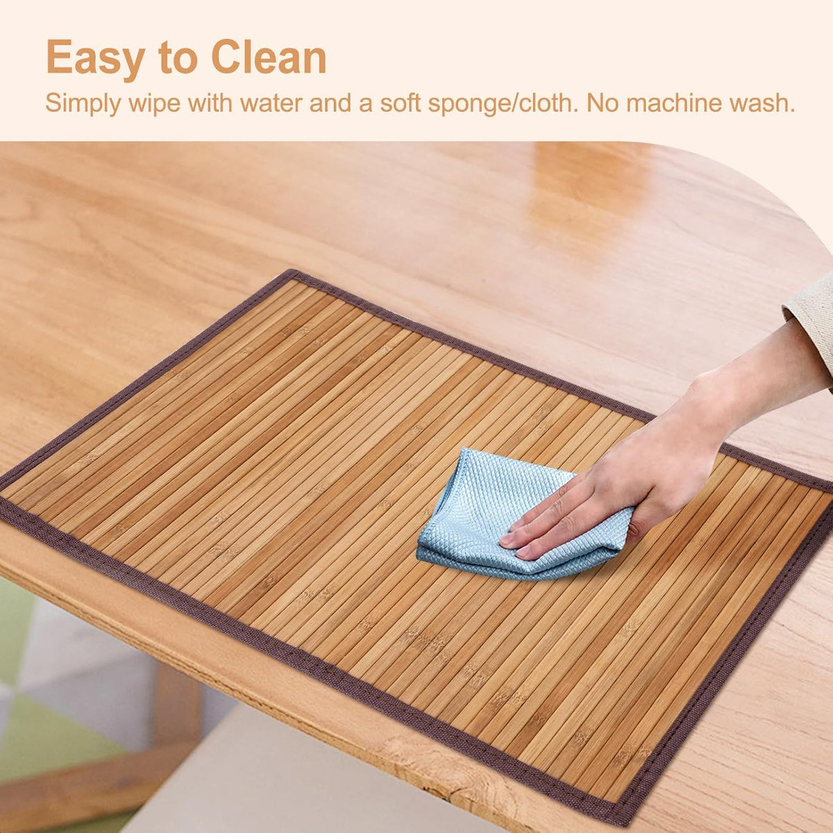 Bamboo Placemats Set of 8 with Fabric Border, Table Mats, Camel | 18" x 12", Natural Bamboo Rectangular Place Mat, for