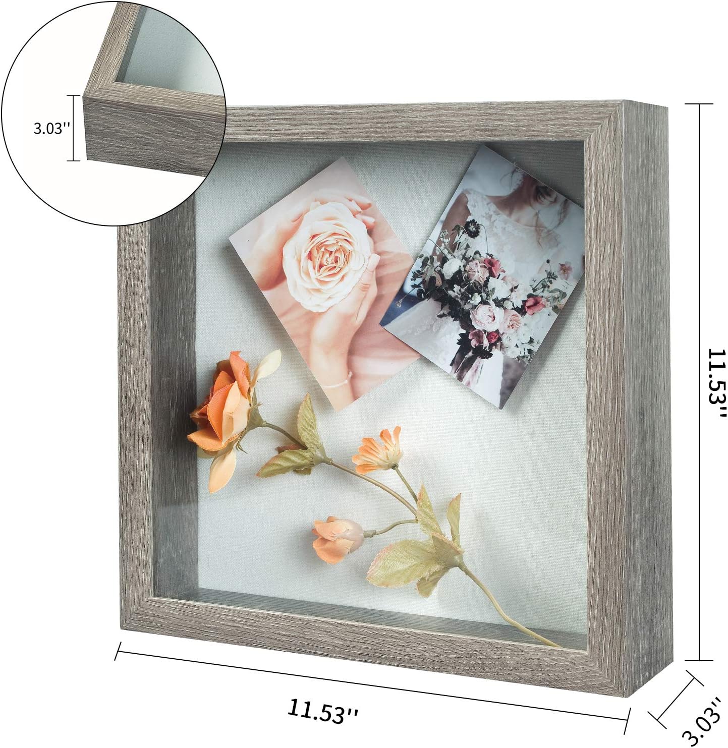 Muzilife 11x11 Shadow Box Picture Frame, 2.16 Deep, Real Glass,Texture Gray | FSC-Wood, Magnetic Door, Linen Interior &