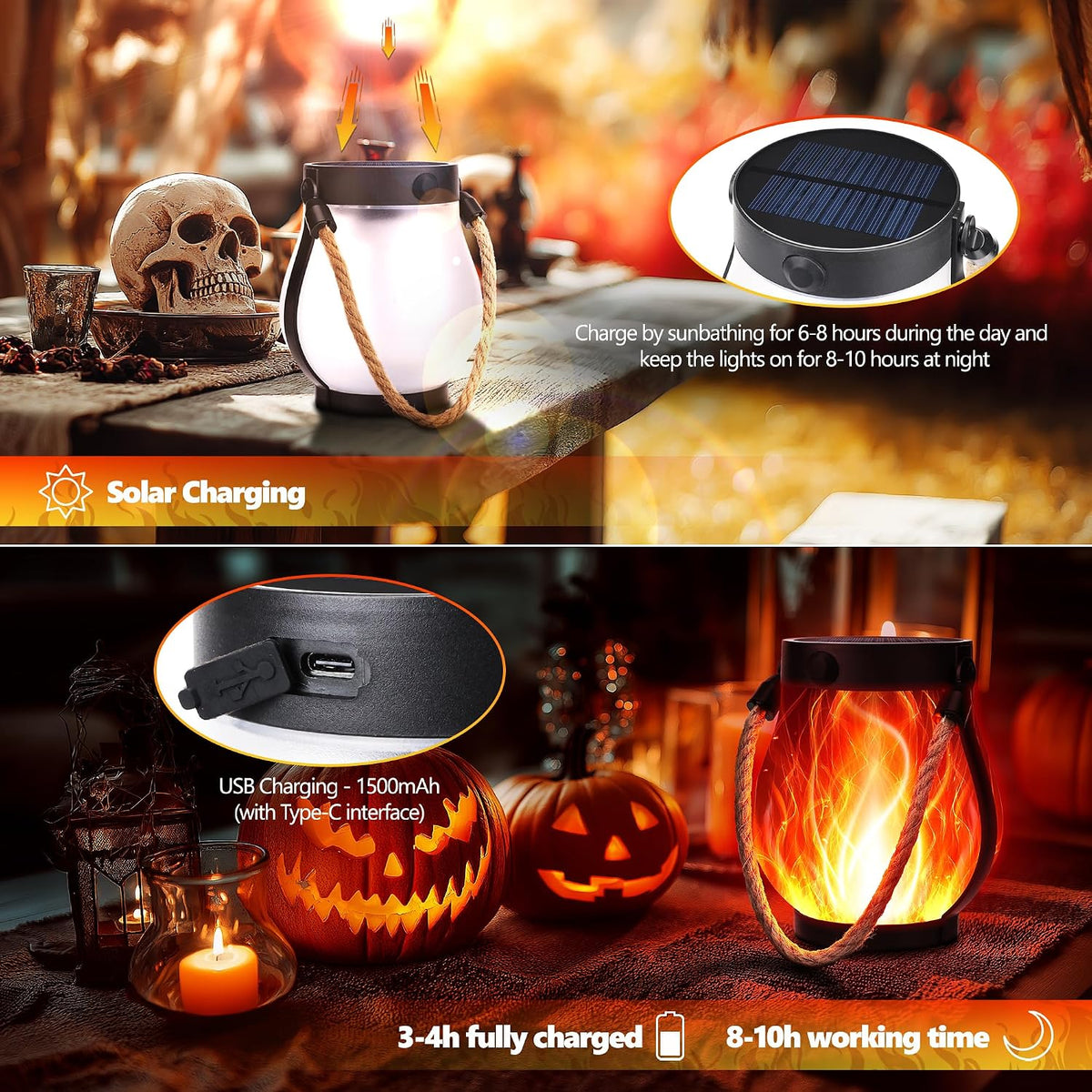 iBaycon 2 Pack Gen2 Solar Lantern Lights USB Halloween Flame Lamp, Red | Solar Garden Lights with Solar & USB-C Dual
