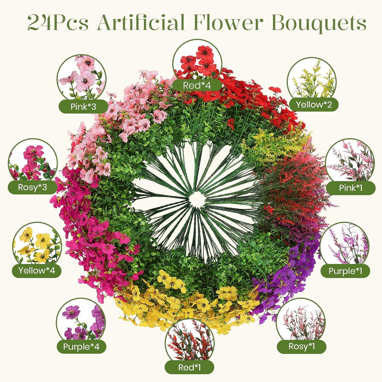 24 Bundles Artificial Flowers / Redrosypurpleyellowpink / Set of 24