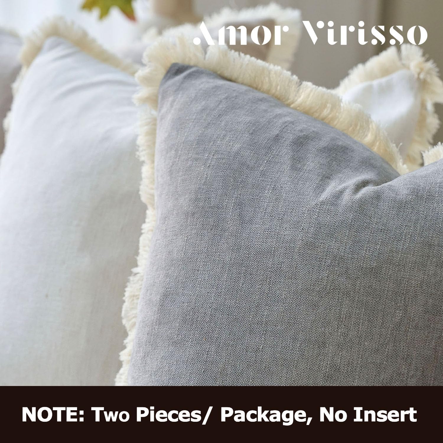 Fringe Throw Pillow Covers Boho Neutral Farmhouse Decorative / Light Grey / 18 x 18 / Set of 2