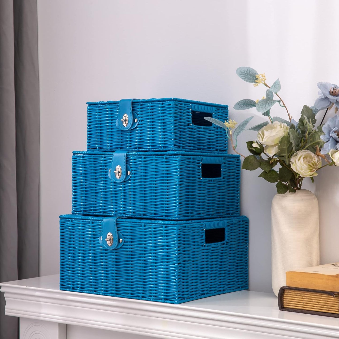 Woven Wicker Storage Basket Box / Blue / Set of 3