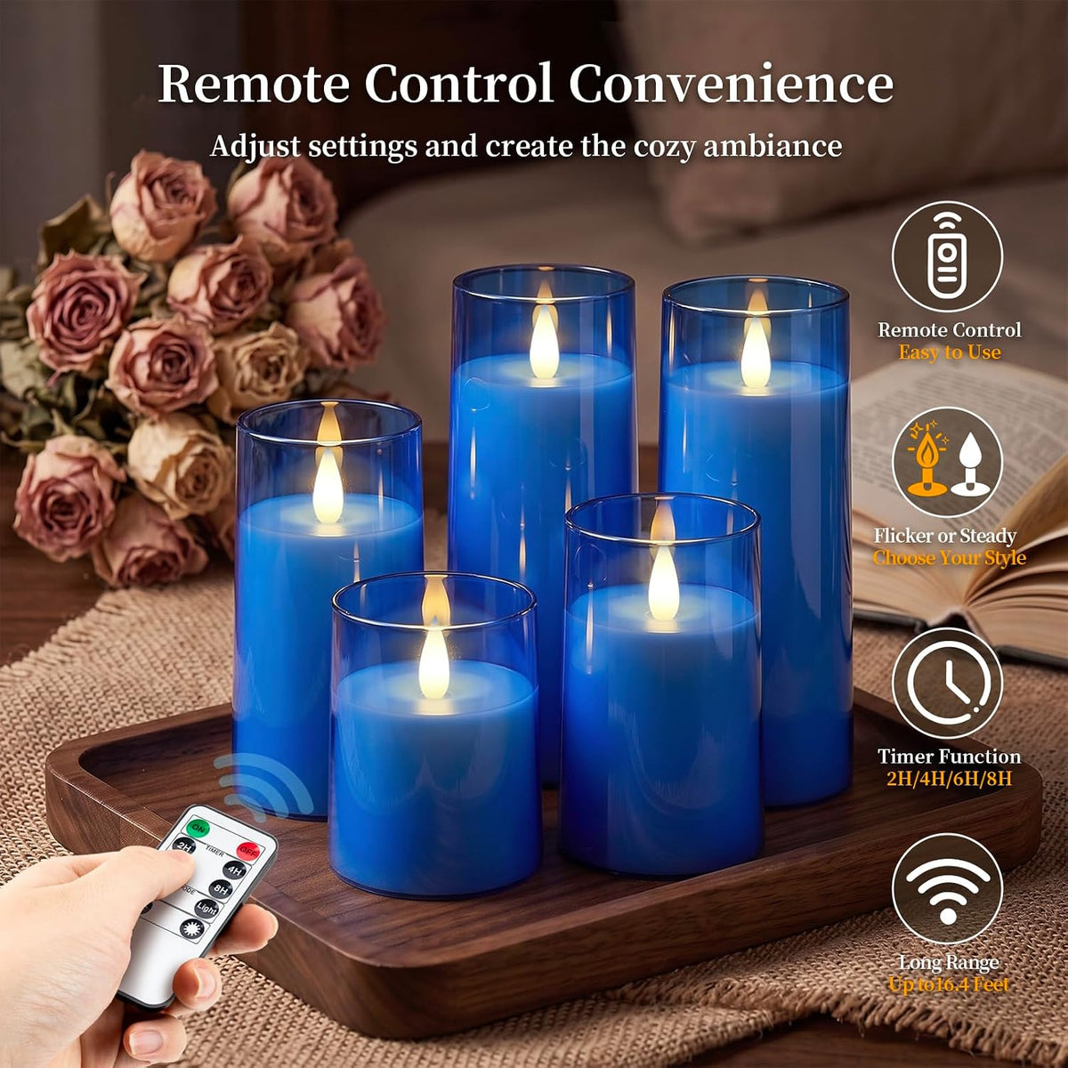 Homemory Realistic Flickering Flameless Blue Candles with Remote & Timer | LED Fake Electric Pillar Candles Battery