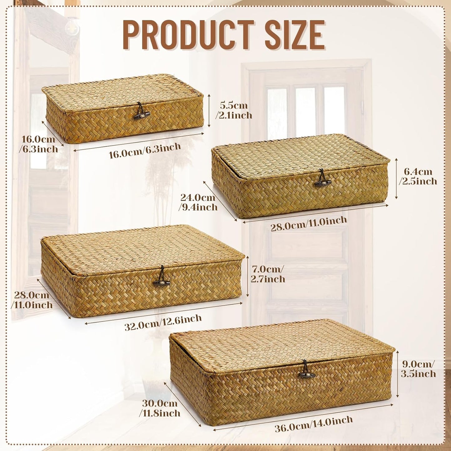 Seagrass Basket / Lid Wicker Storage Basket Decorative Storage Boxes / Yellow / Set of 4