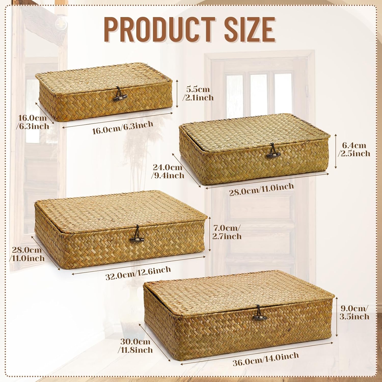 Seagrass Basket / Lid Wicker Storage Basket Decorative Storage Boxes / Yellow / Set of 4