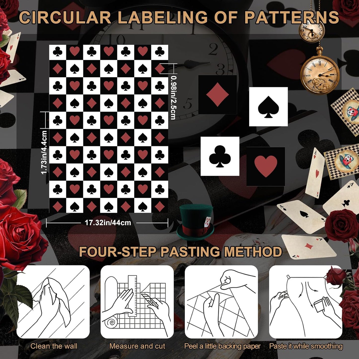 Wallpaper Peel and Stick Red "Gothic Contact Paper Self / Poker / Checkered / 17.3 x 120 / Black