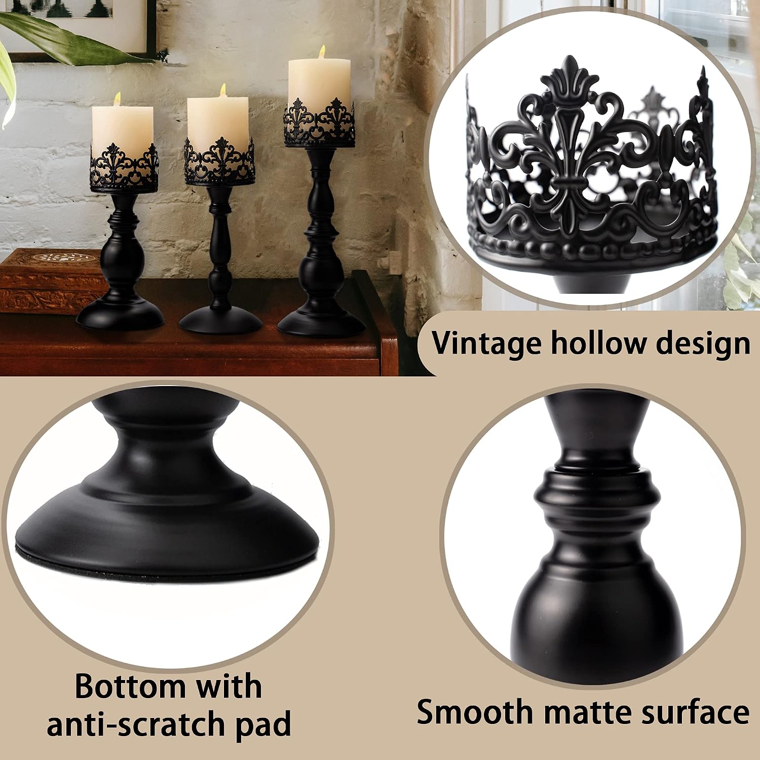 BANOMII Vintage Pillar Candle Holders for Table Centerpiece Set of 3-11'' 9'' 8'' - Matte Black Metal Candle Stands
