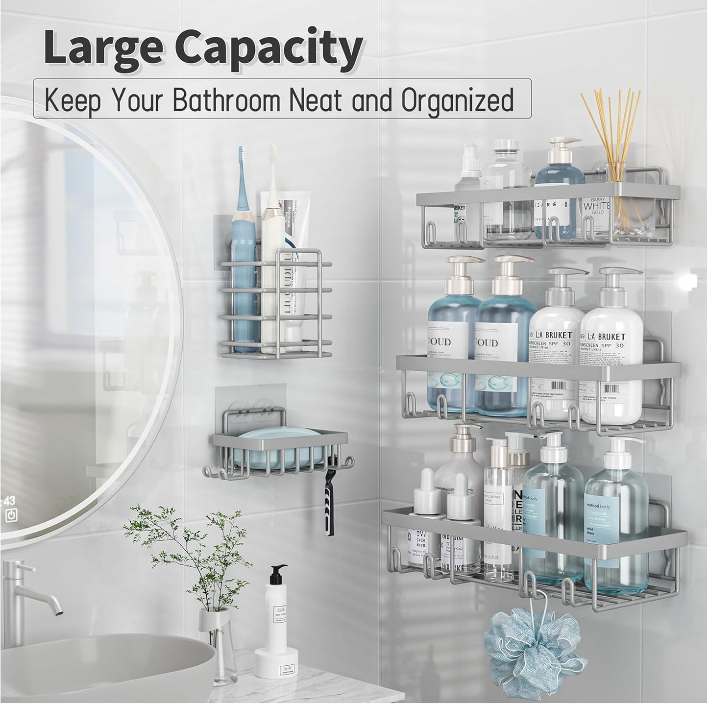 Self Adhesive Bathroom Wall Storage Basket Rustproof / Grey / Set of 5