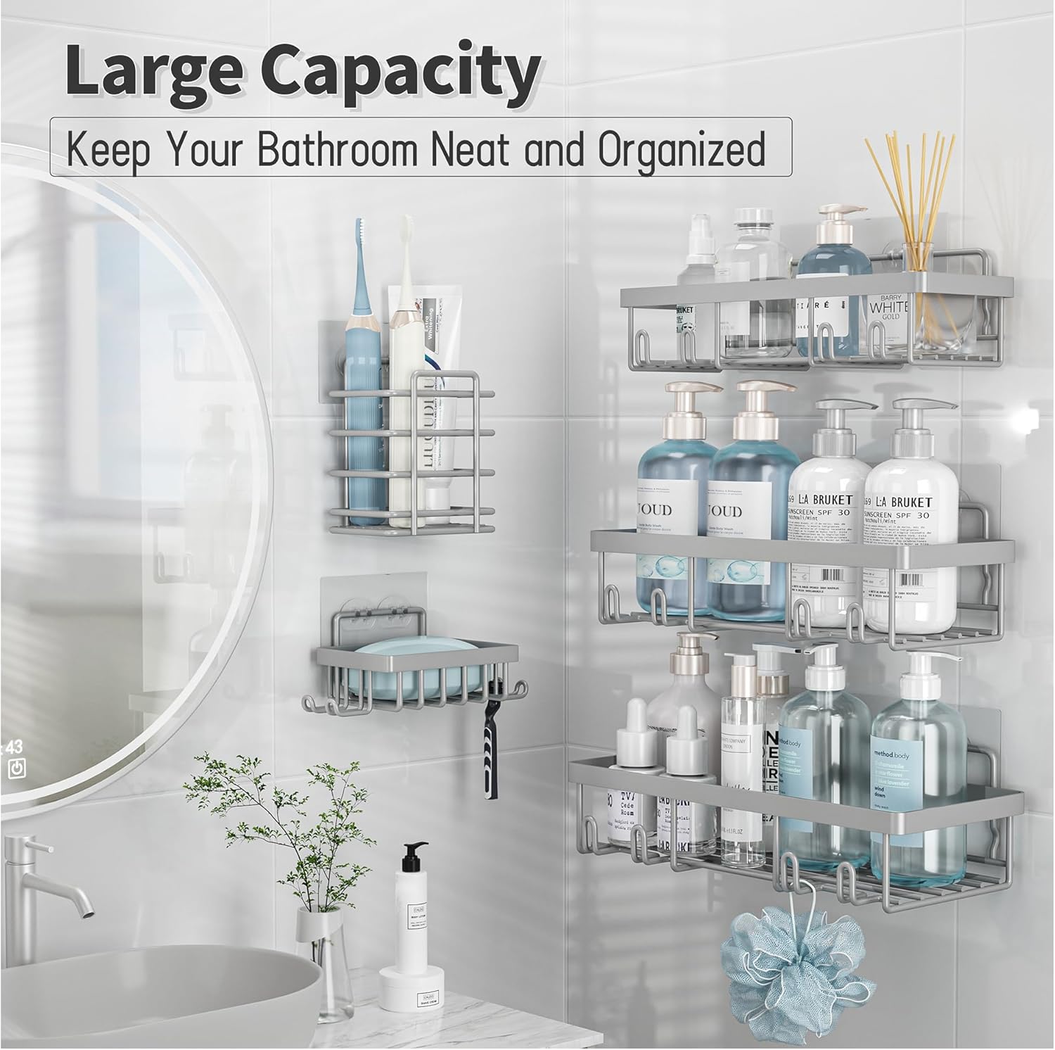 Self Adhesive Bathroom Wall Storage Basket Rustproof / Grey / Set of 5