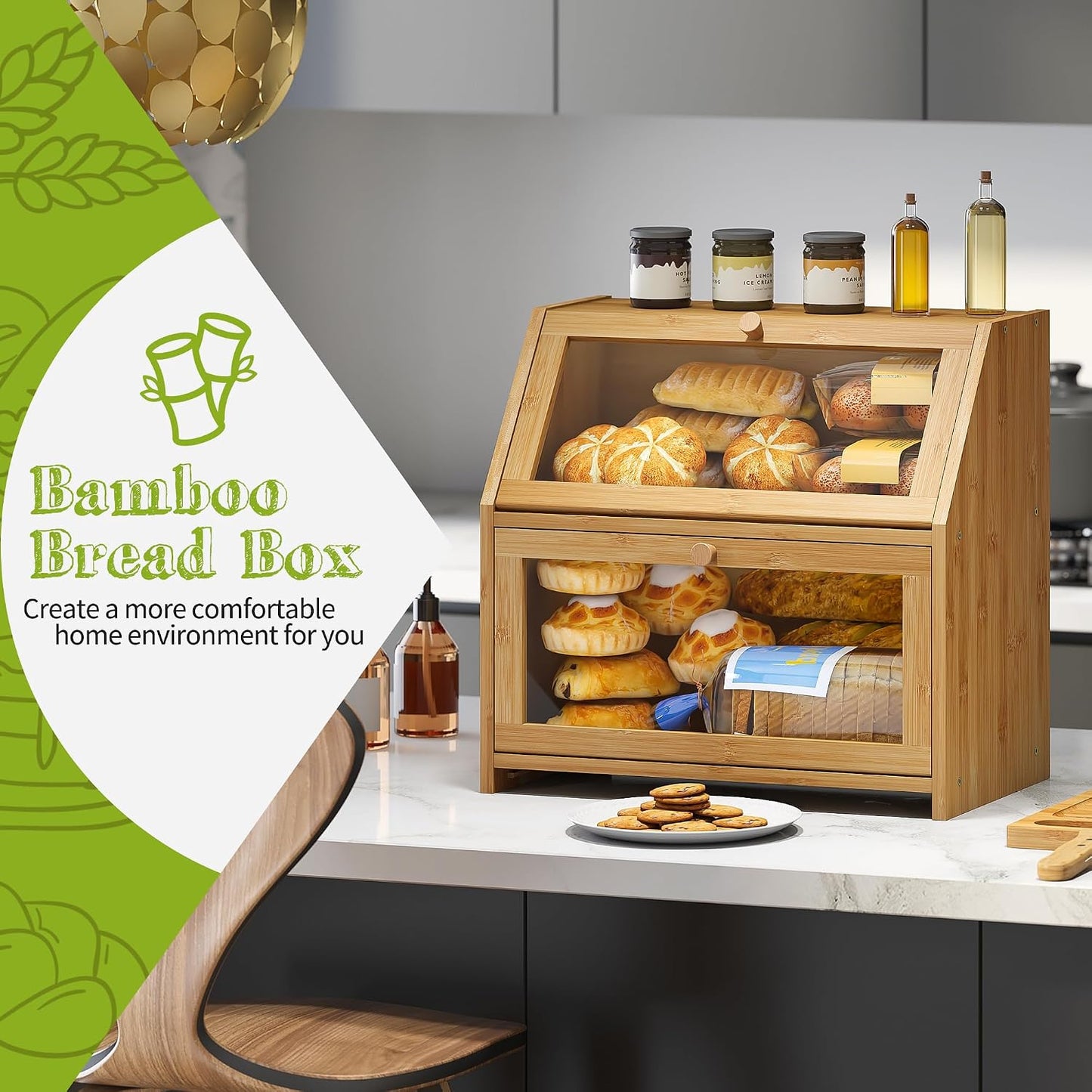 BMOSU Bread Box with Cutting Board Kitchen Bread Storage Organizer Farmhouse Countertop Double Bamboo Wood Bread