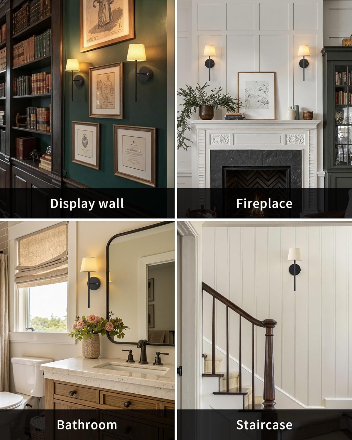 Battery Operated Wall Sconce Set of 2, Black Rechargeable Wall Light | Small, LED, 5200mAh, Dimmable, Fabric Shade
